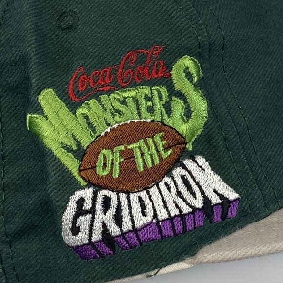 Vtg Coca Cola Monsters of the Gridiron Snapback USA Denim Green Hat Cap w Pin - Picture 2 of 14